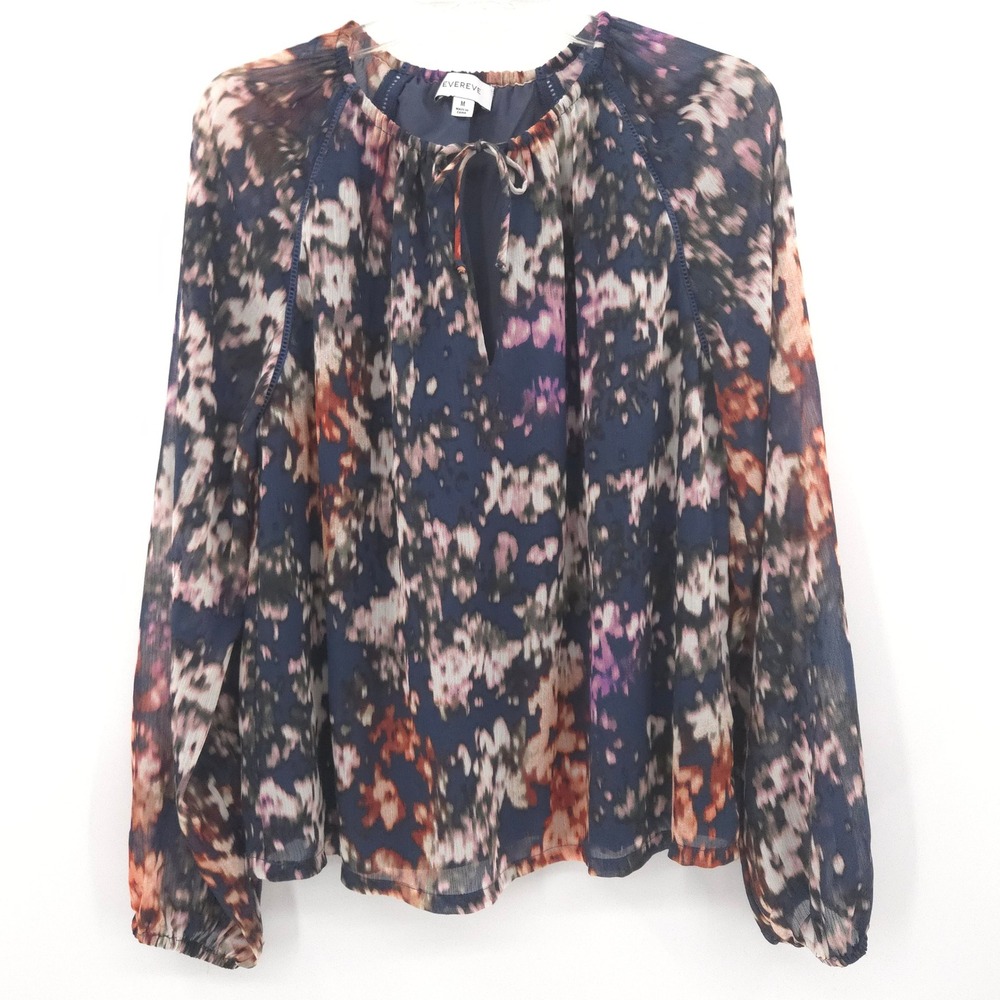Evereve Blouse Womens Size M Navy Pink Abstract Floral Tie Neck Long Sleeve Top